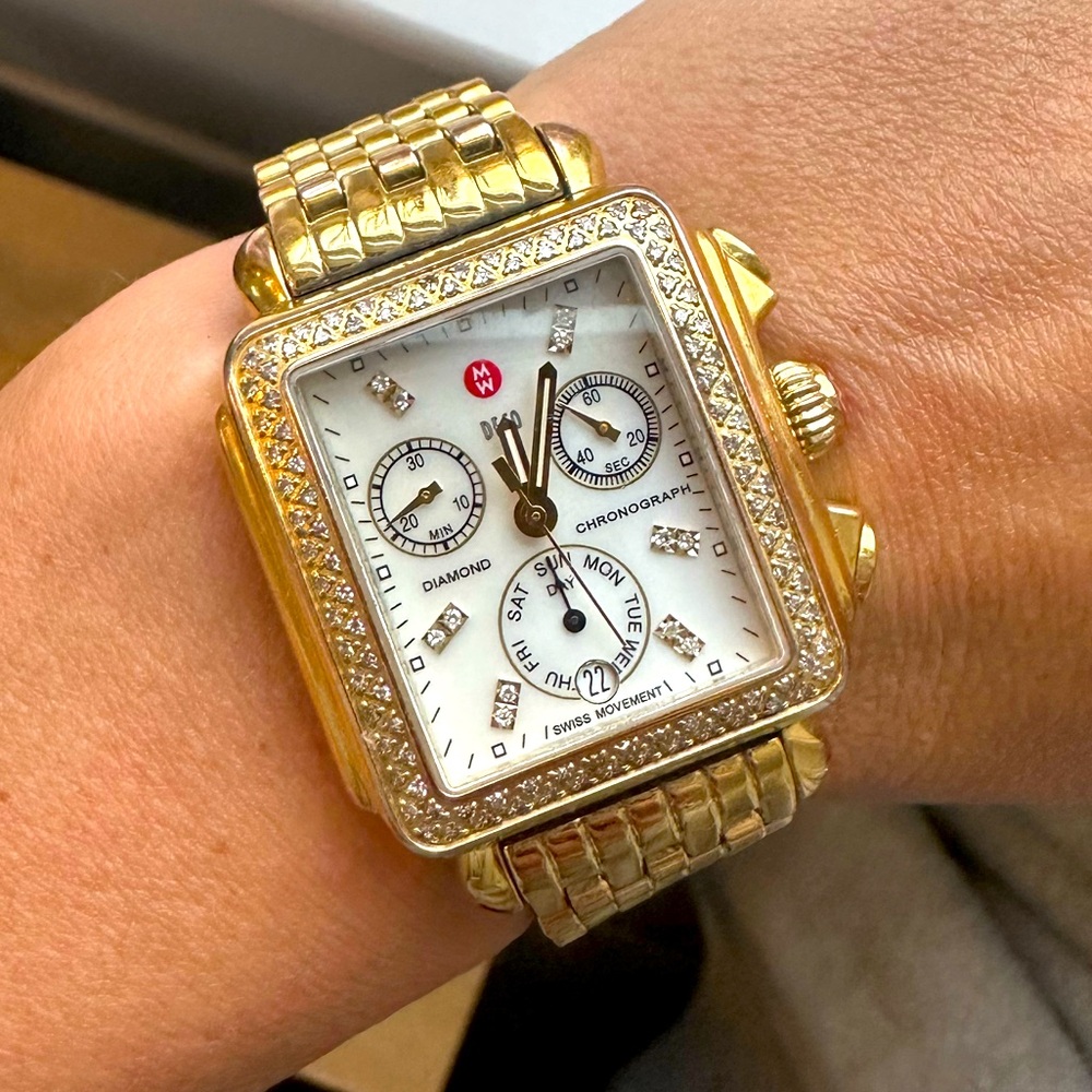 Michele Deco 18k gold plated Diamond Chronograph watch